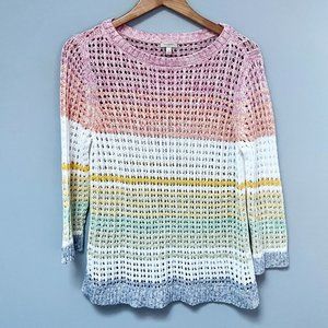 Talbots Crotchet Knit Colorblock Stripe Sweater Rainbow Size Large